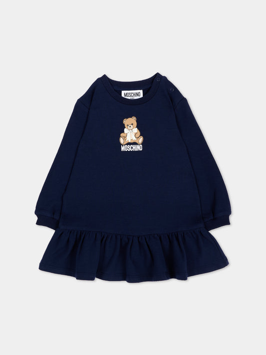 Vestito blu per neonata con Teddy Bear,Moschino Kids,MBV0BK LDA18 40016