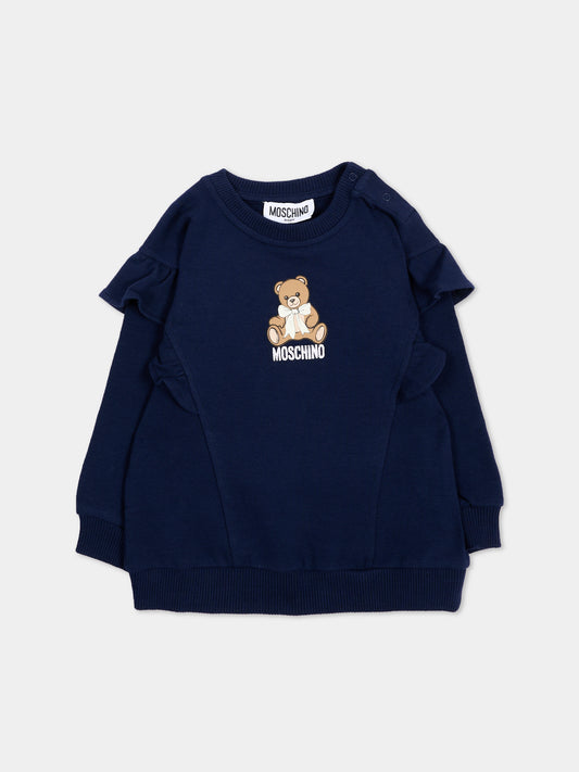 Felpa blu per neonata con Teddy Bear,Moschino Kids,MDF036 LDA18 40016