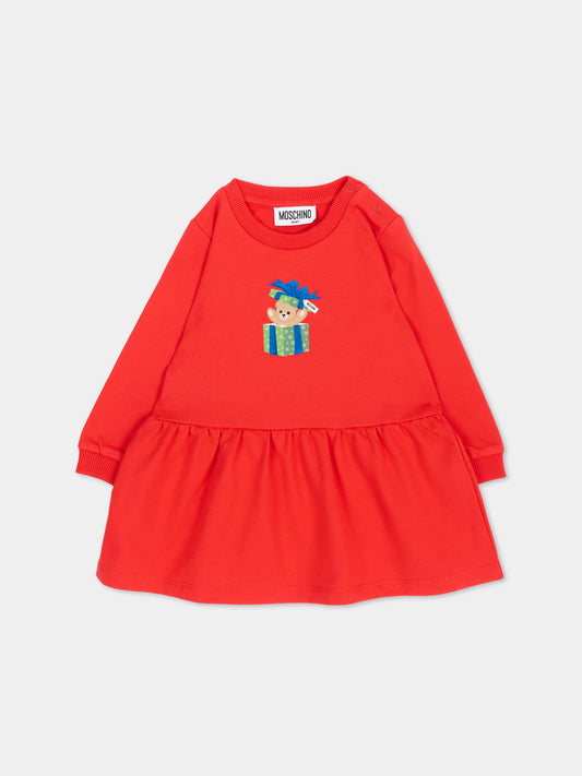 Vestito rosso per neonata con Teddy Bear,Moschino Kids,MDV0DO LCA61 50109