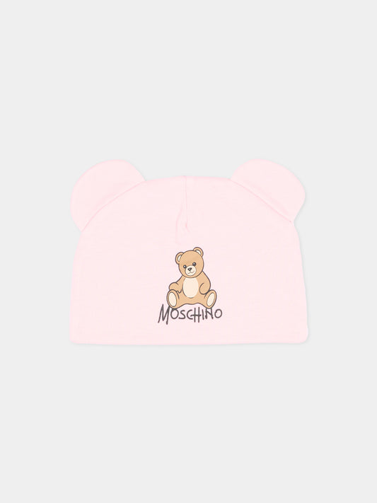 Cappellino rosa per neonata con Teddy Bear,Moschino Kids,MMX05H LCA40 50209