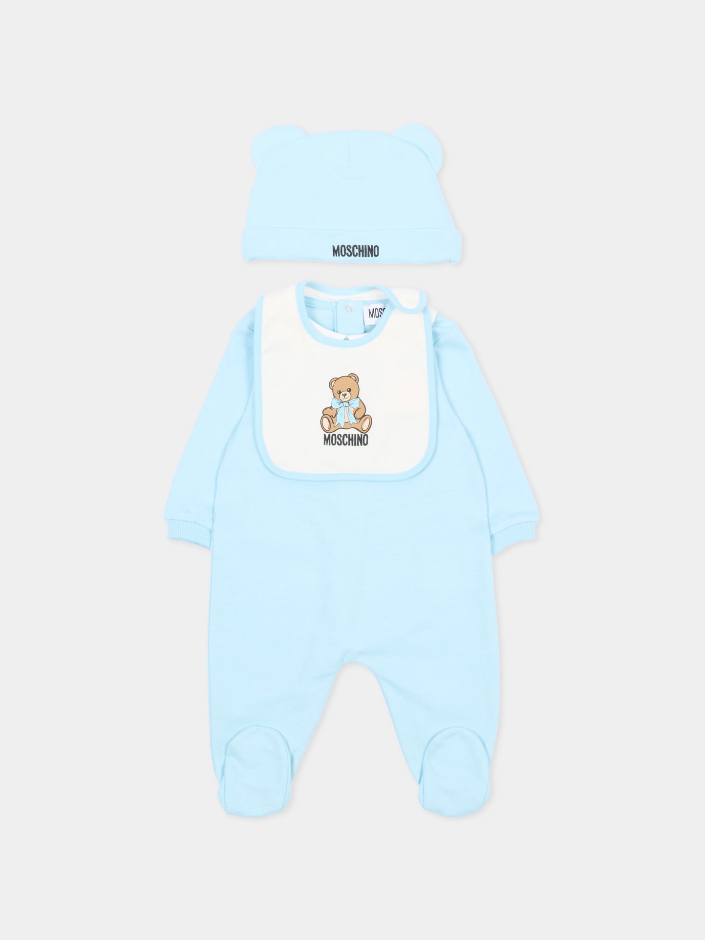 Set tutina azzurra per neonato con Teddy Bear,Moschino Kids,MNY08B LCA40 40304