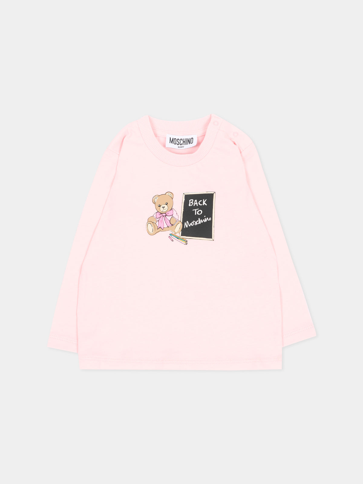 T-shirt a manica lunga rosa per neonata con teddy bear,Moschino Kids,MQO014 LAA10 50209