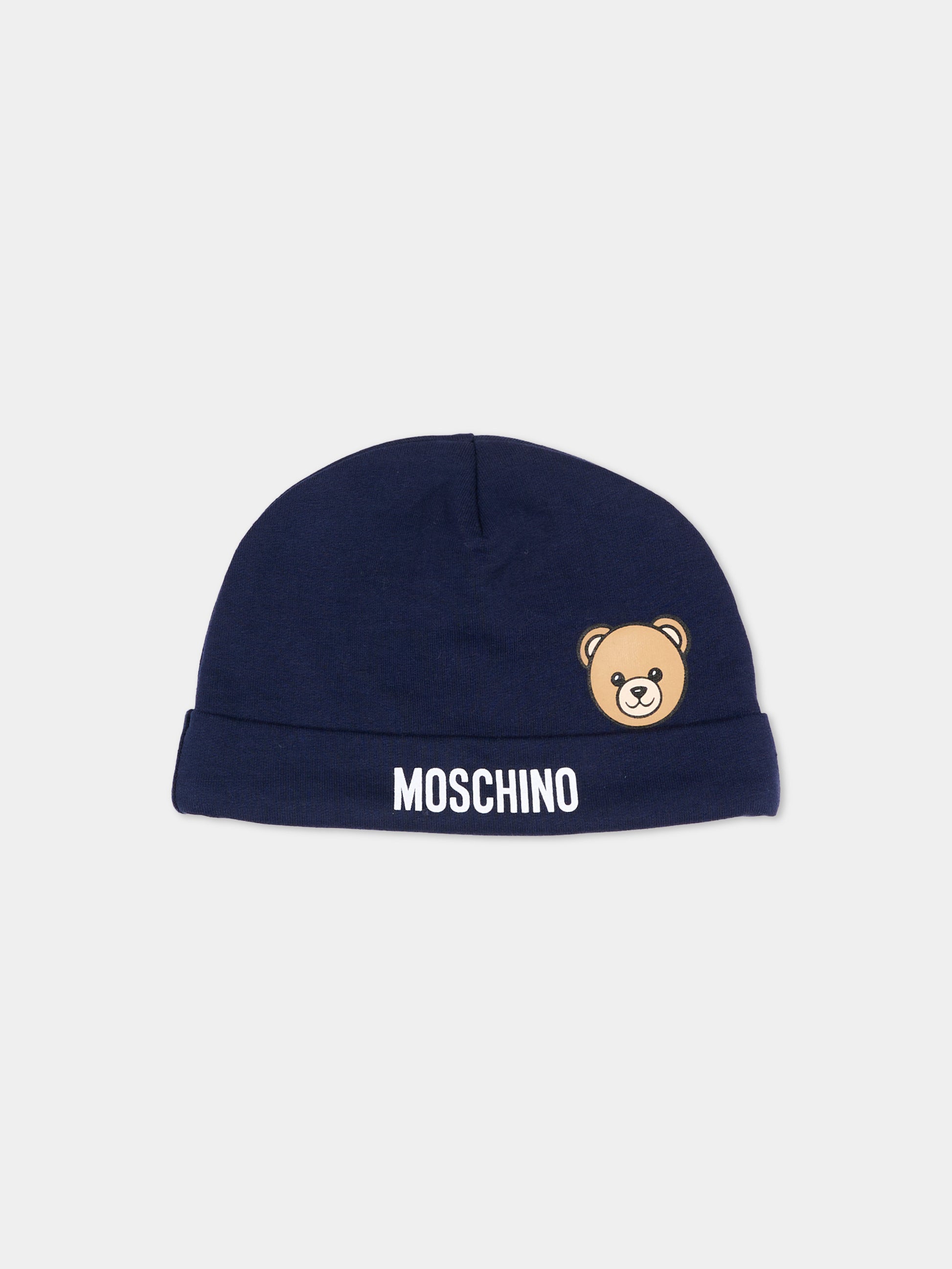 Cappello blu per neonati con Teddy Bear,Moschino Kids,MUX066 LCA40 40016