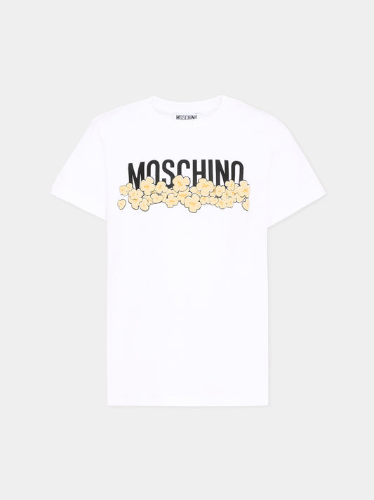 T-Shirt bianca per bambini con fiori,Moschino Kids,H6M058 LAA20 10063