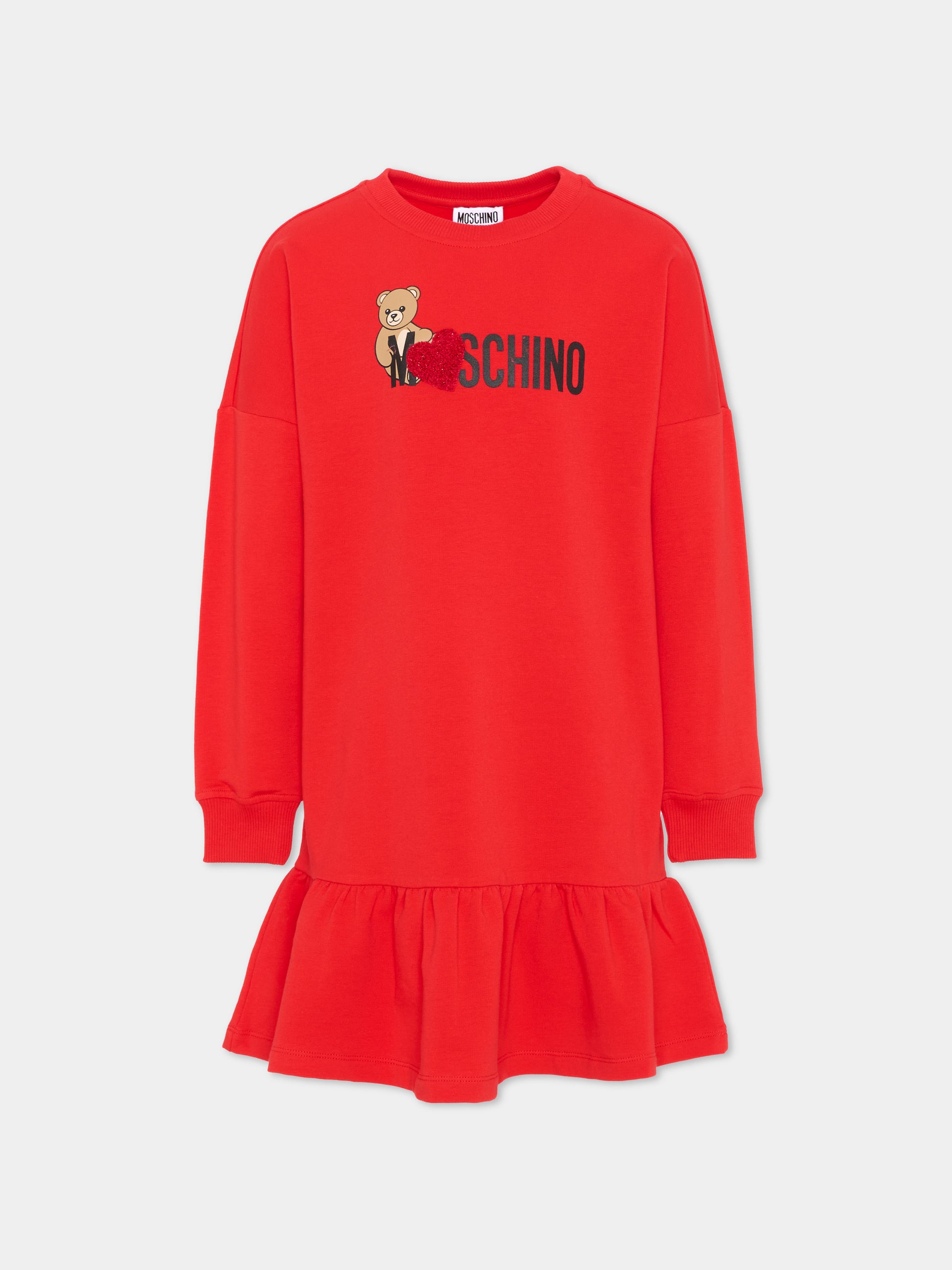 Vestito a manica lunga rosso per bambina con Teddy Bear,Moschino Kids,HDV0I3 LDA18 50109