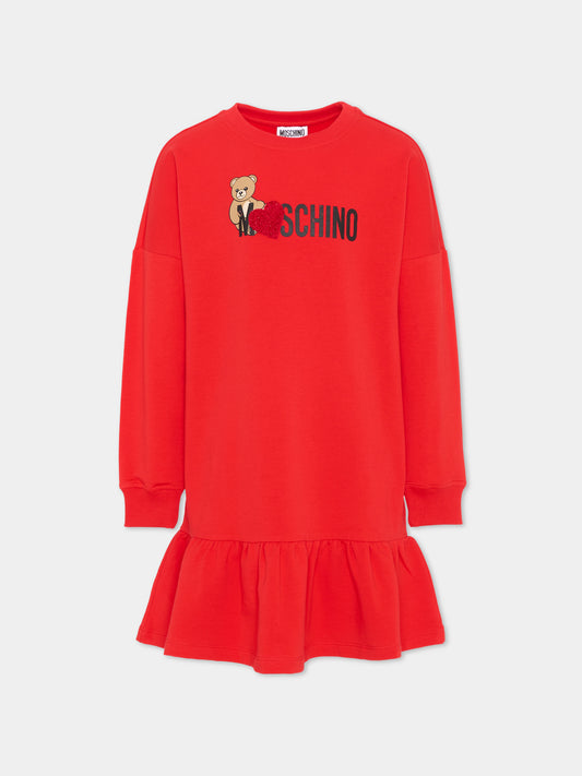 Vestito a manica lunga rosso per bambina con Teddy Bear,Moschino Kids,HDV0I3 LDA18 50109