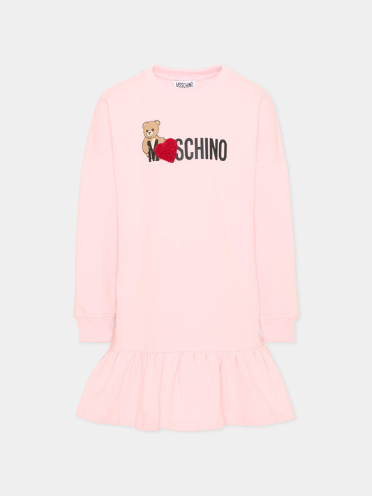 Vestito a manica lunga rosa per bambina con Teddy Bear,Moschino Kids,HDV0I3 LDA18 50209