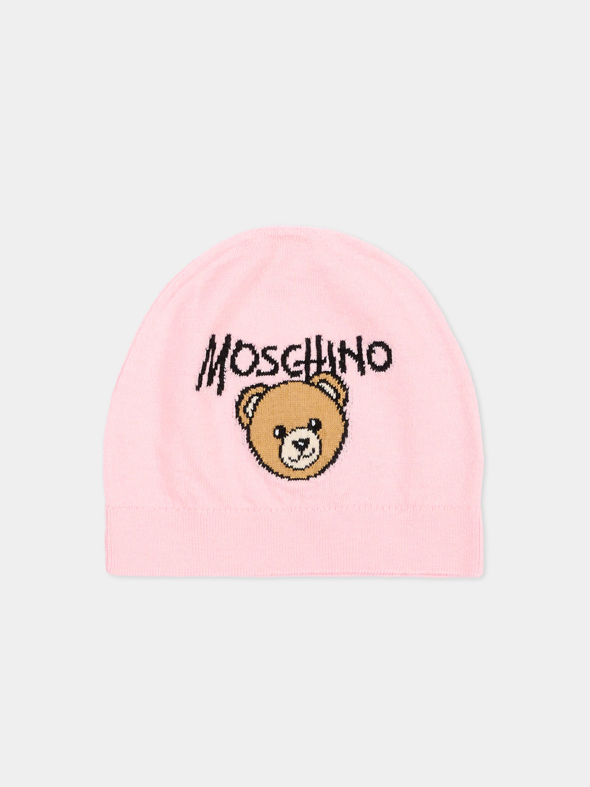 Berretto rosa per bambina con Teddy Bear,Moschino Kids,HMX02O LHE43 50209
