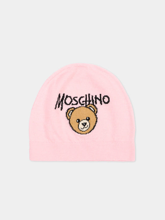 Berretto rosa per bambina con Teddy Bear,Moschino Kids,HMX02O LHE43 50209