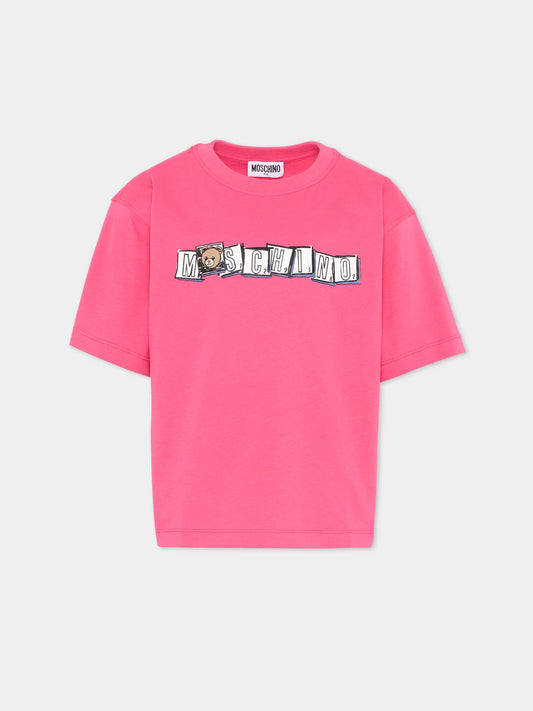 T-Shirt fucsia per bambina con logo,Moschino Kids,HUM05F LAA20 50541