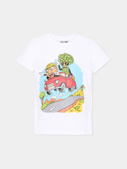T-Shirt bianca per bambino con stampa cartoon e logo,Moschino Kids,HAM06V LAA10 10101