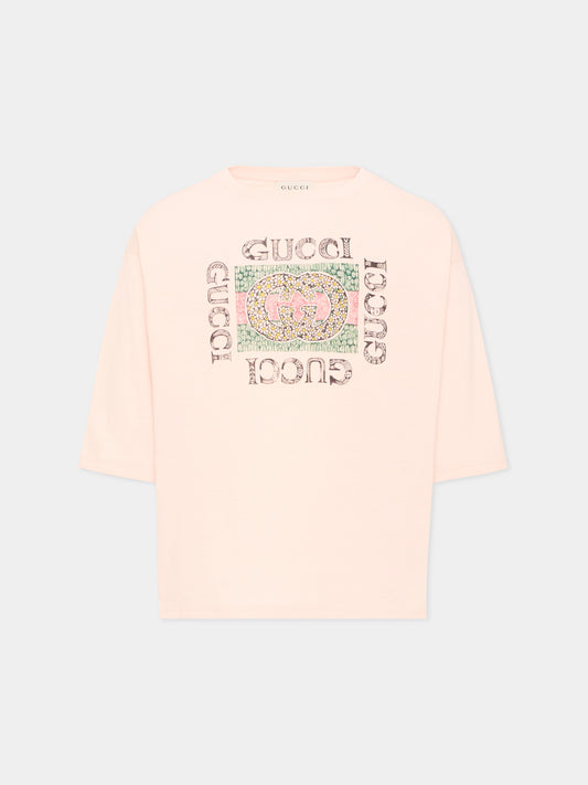 T-shirt a manica lunga rosa per bambina logo,Gucci Kids,868058 XJHYW 6341