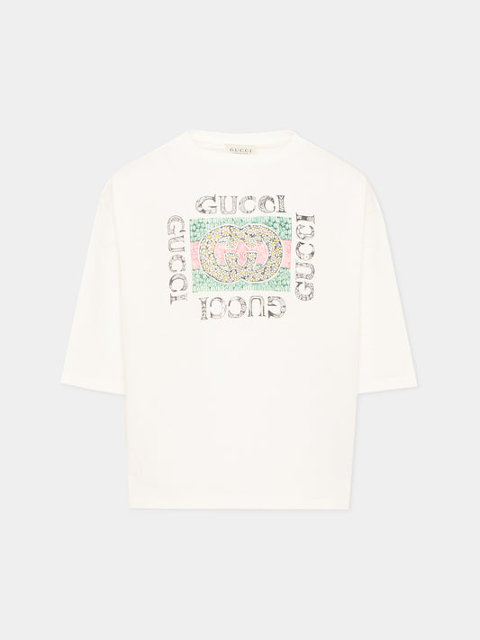 T-shirt a manica lunga avorio per bambina logo