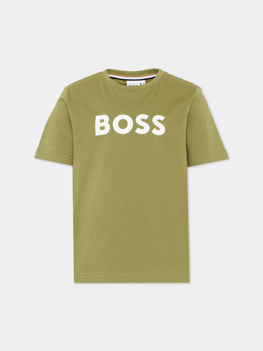 T-Shirt verde con logo per bambino,Boss,J52030 673