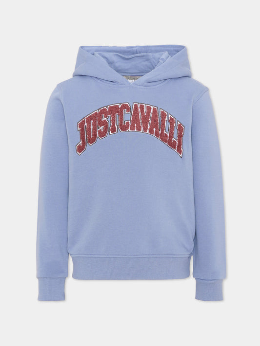Felpa con cappuccio celeste per bambina con logo,Just Cavalli Kids,JGA26021FE BLUE_ENGL. BLUE ENGLISH