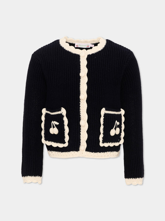 Cardigan blu per bambina con ciliegie,Bonpoint,W06GCAK00024 070