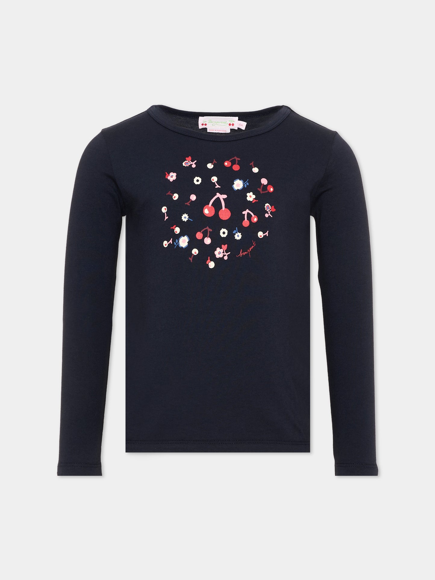 T-shirt blu per bambina con ciliegie,Bonpoint,W06GTSK00013 170