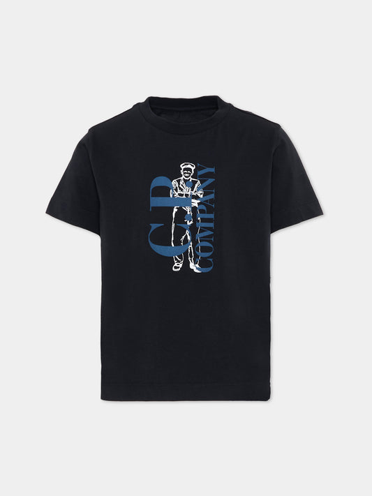 T-Shirt blu per bambino con stampa logo,C. P. Company,CSM00L LAA17 41150