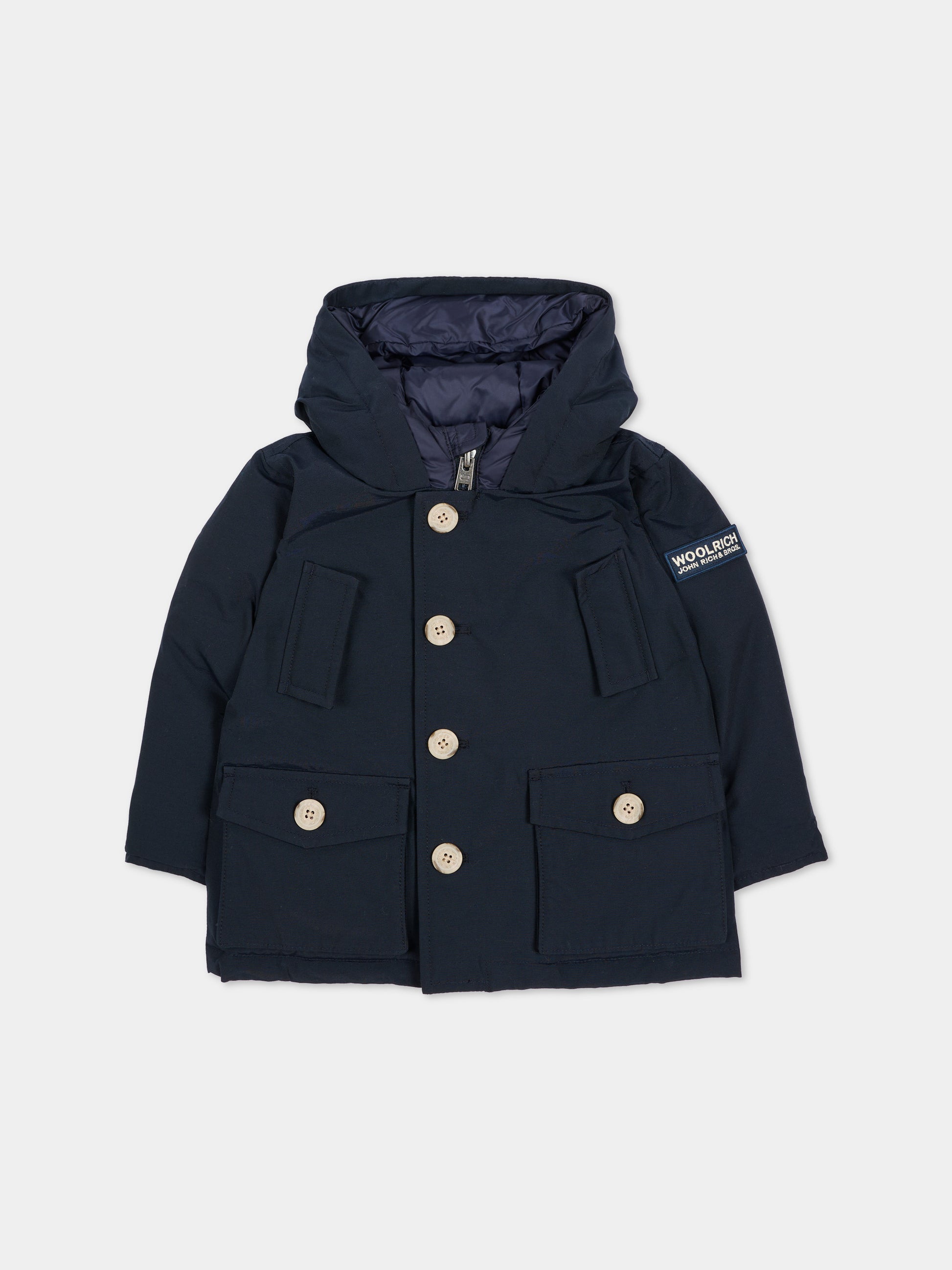 Piumino blu per neonati con cappuccio,Woolrich Kids,CFWKOU0484MBUT0641 UT0641 MLB