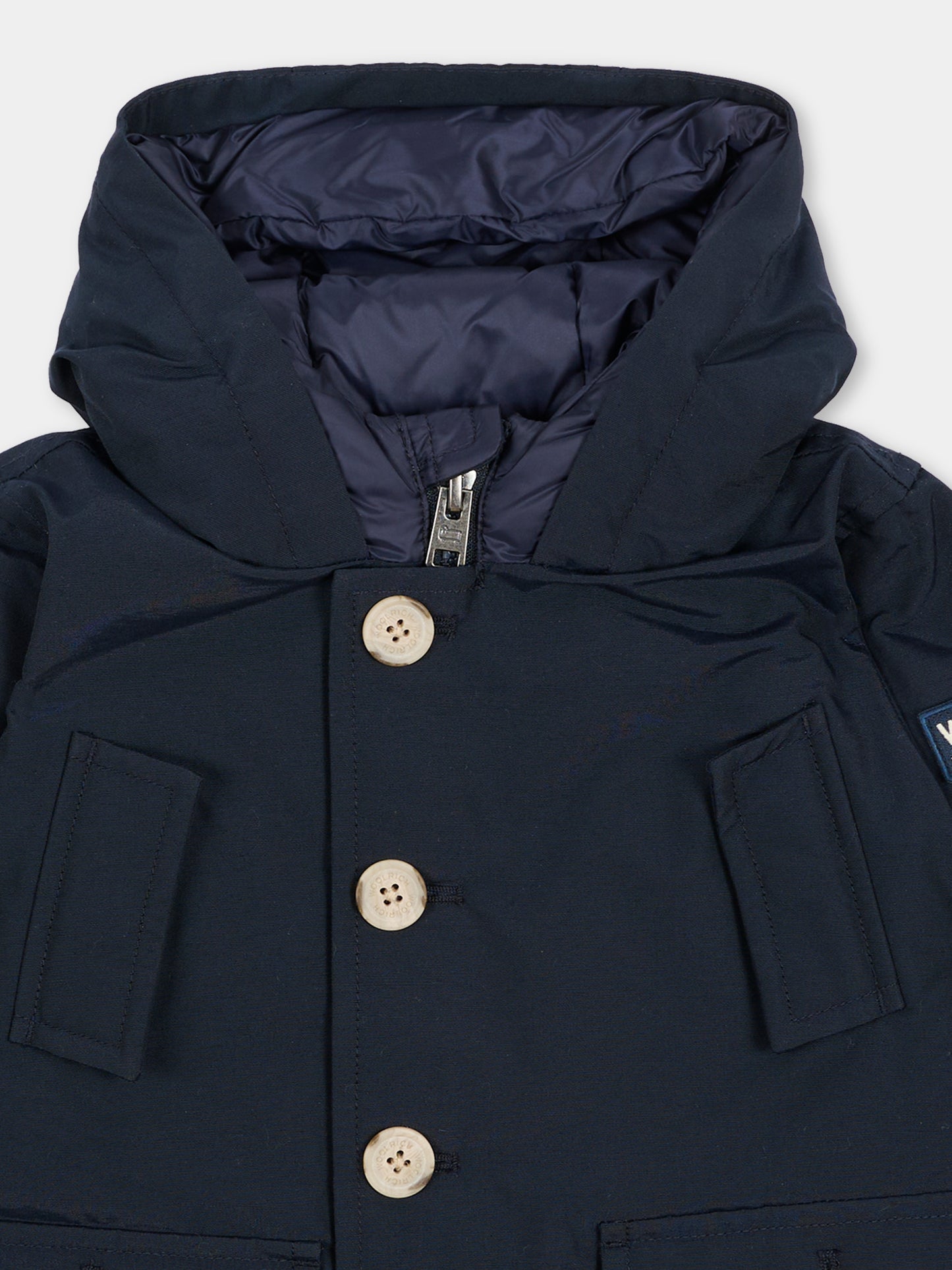 Piumino blu per neonati con cappuccio,Woolrich Kids,CFWKOU0484MBUT0641 UT0641 MLB