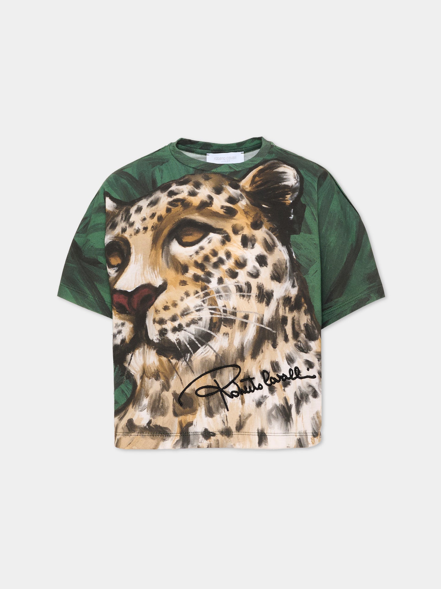 T-shirt verde per bambina con leopardo,Roberto Cavalli Kids,CGA26084TS BLACK