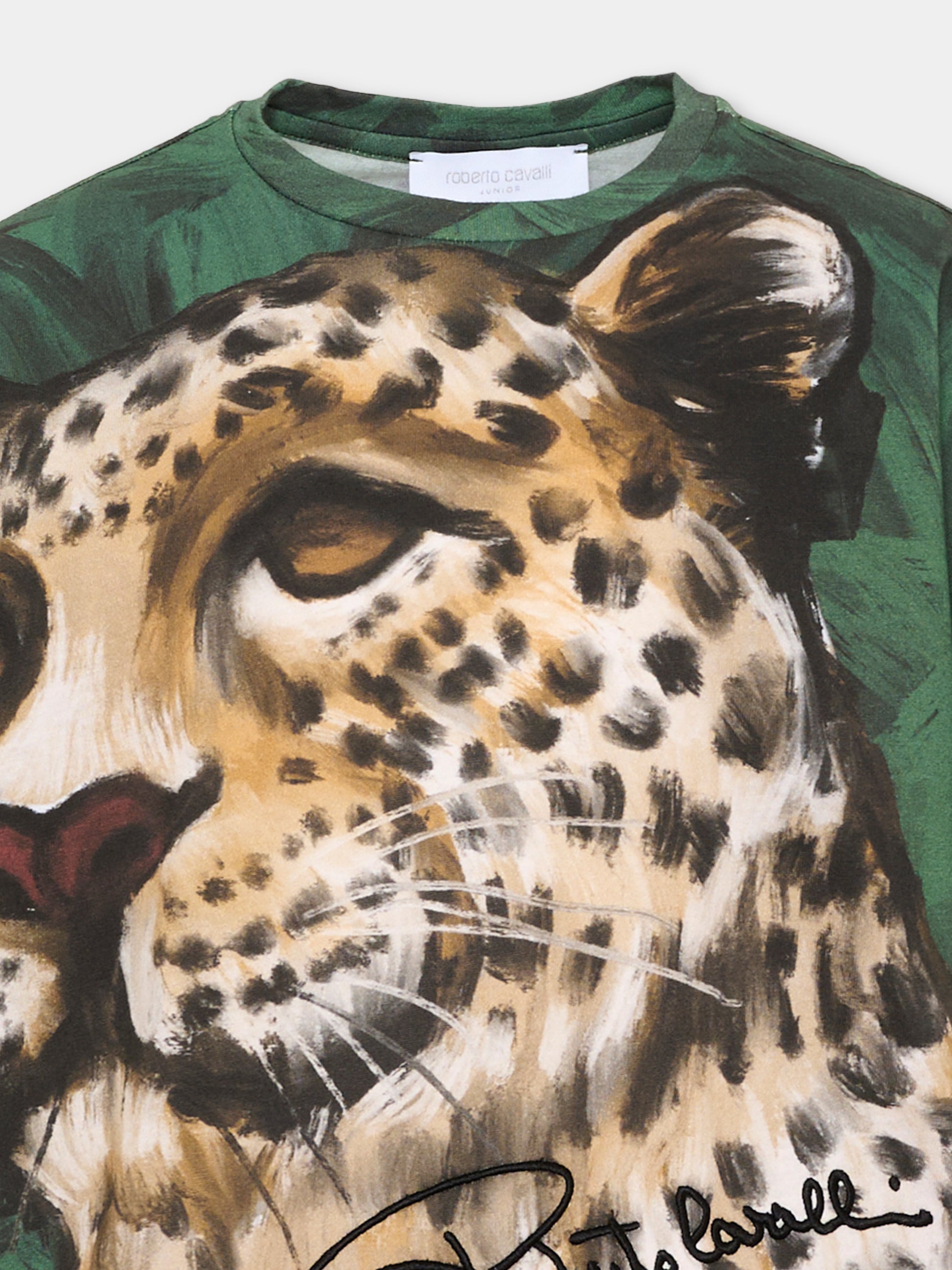 T-shirt verde per bambina con leopardo,Roberto Cavalli Kids,CGA26084TS BLACK