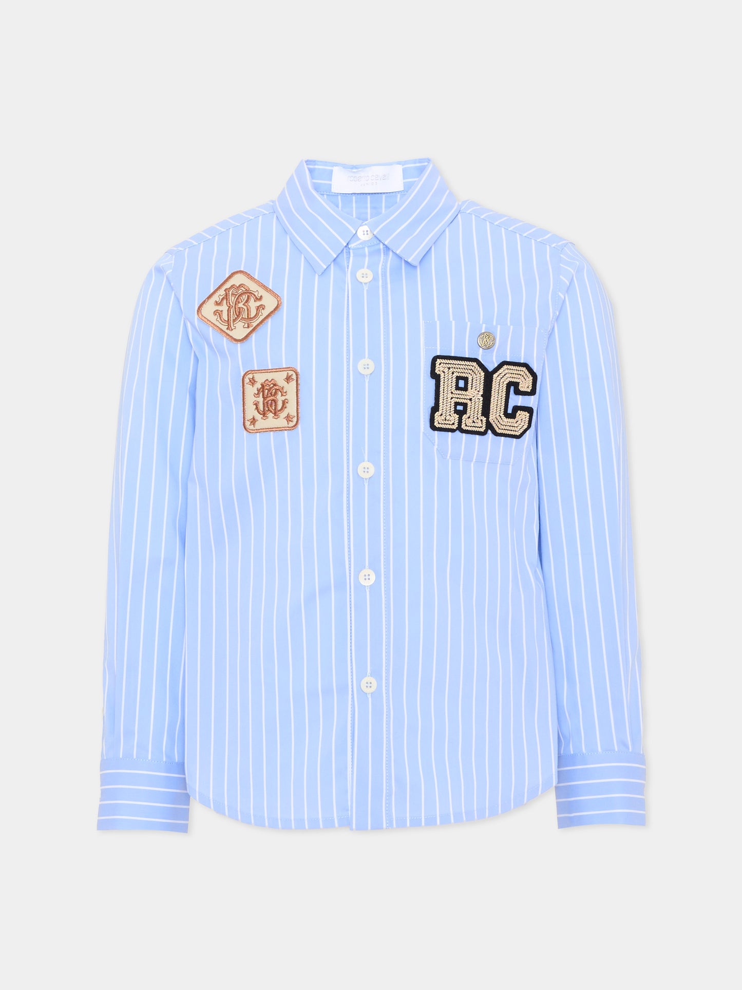 Camicia a manica lunga azzurra per bambino rigata,Roberto Cavalli Kids,CBA26017CA WHITE/SK/B