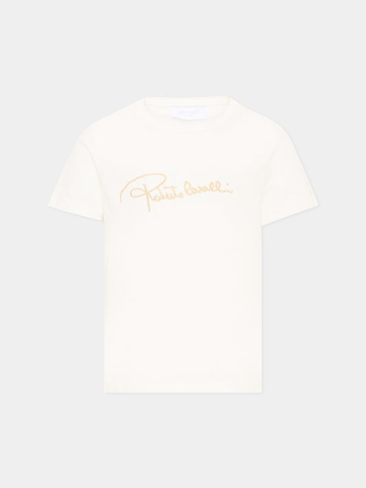 T-Shirt avorio per bambina con logo,Roberto Cavalli Kids,CGA26107TS AVORIO_C.C