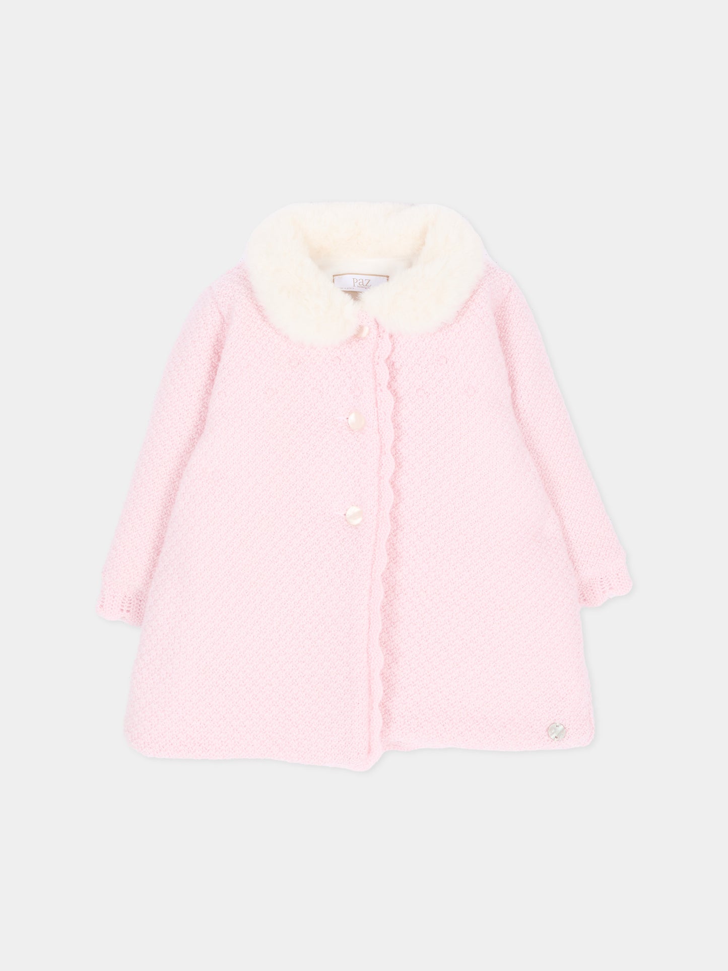 Cappotto rosa in maglia per neonata con collo,Paz Rodríguez,009 114145 30 H56