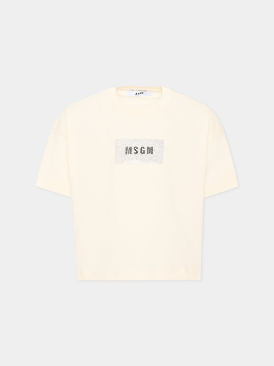 T-shirt avorio per bambina con logo,Msgm Kids,F6MSJGTH209 013