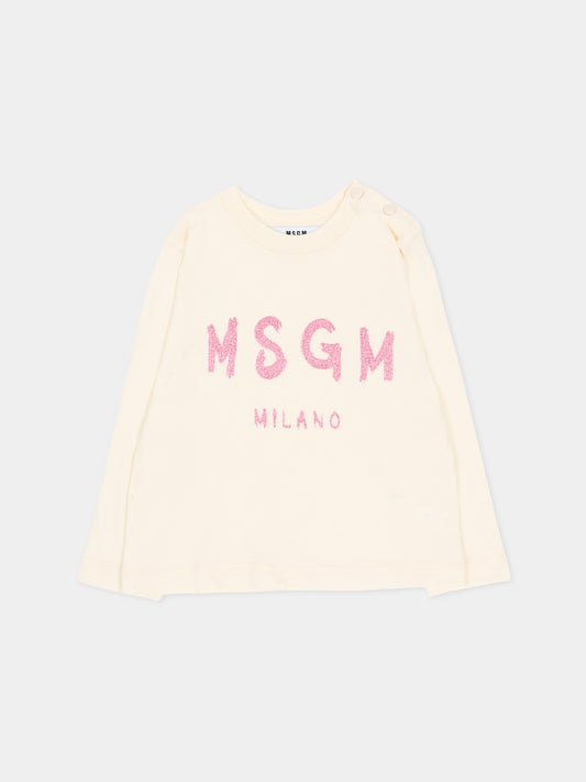 T-shirt a manica lunga avorio per neonata con logo,Msgm Kids,F6MSNGTH367 013
