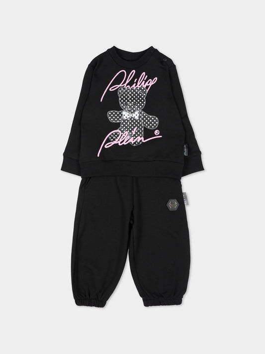 Completo sportivo lungo nero per neonata con orsetto,Philipp Plein Junior,F6PHNGTP183 110