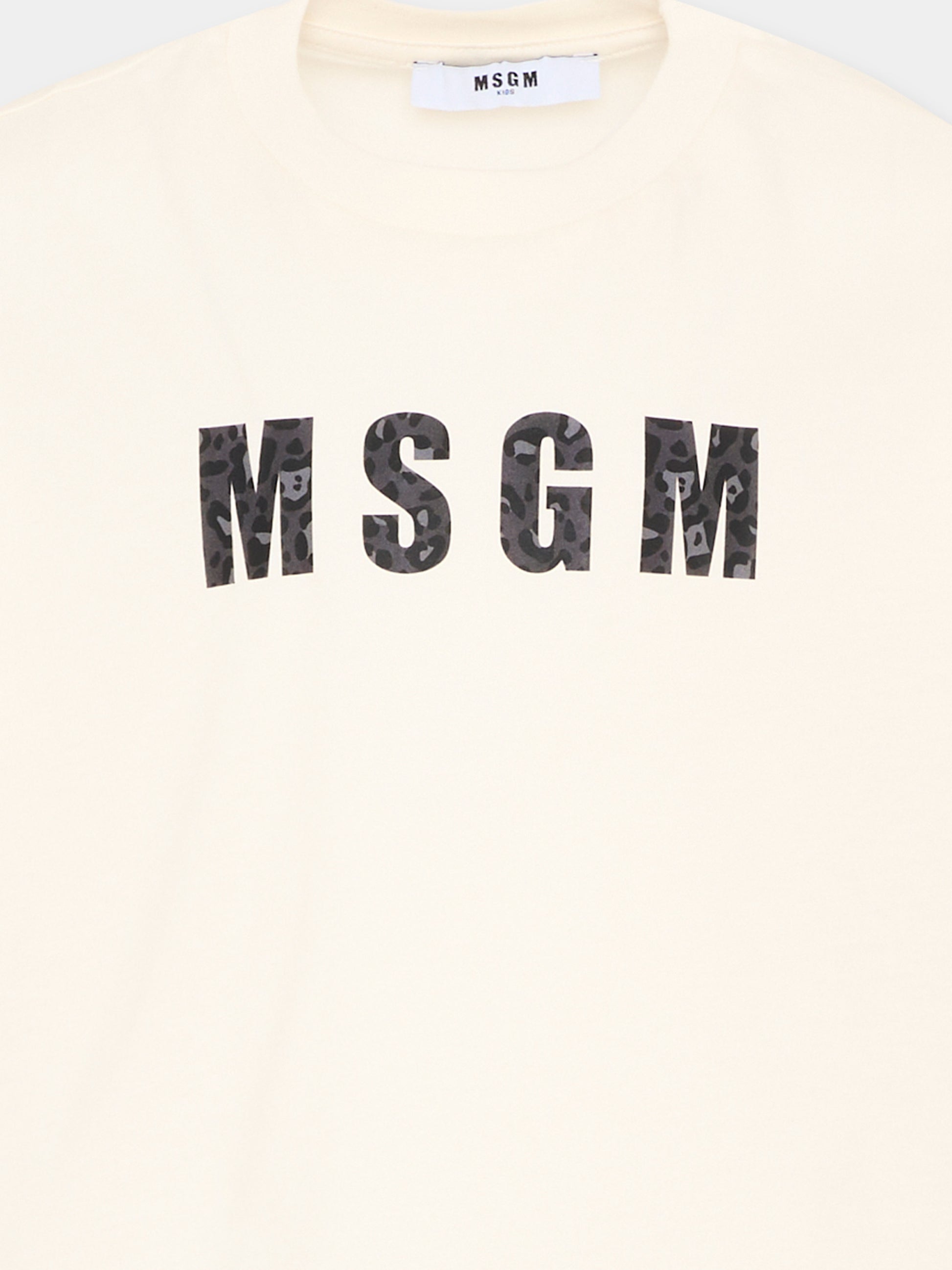 T-Shirt avorio per bambina con logo animalier,Msgm Kids,F5MSJGTH141 013