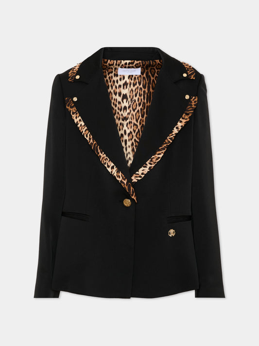 Giacca nera per bambina con profili animalier,Roberto Cavalli Kids,CGA26160GC BLACK/G.N.