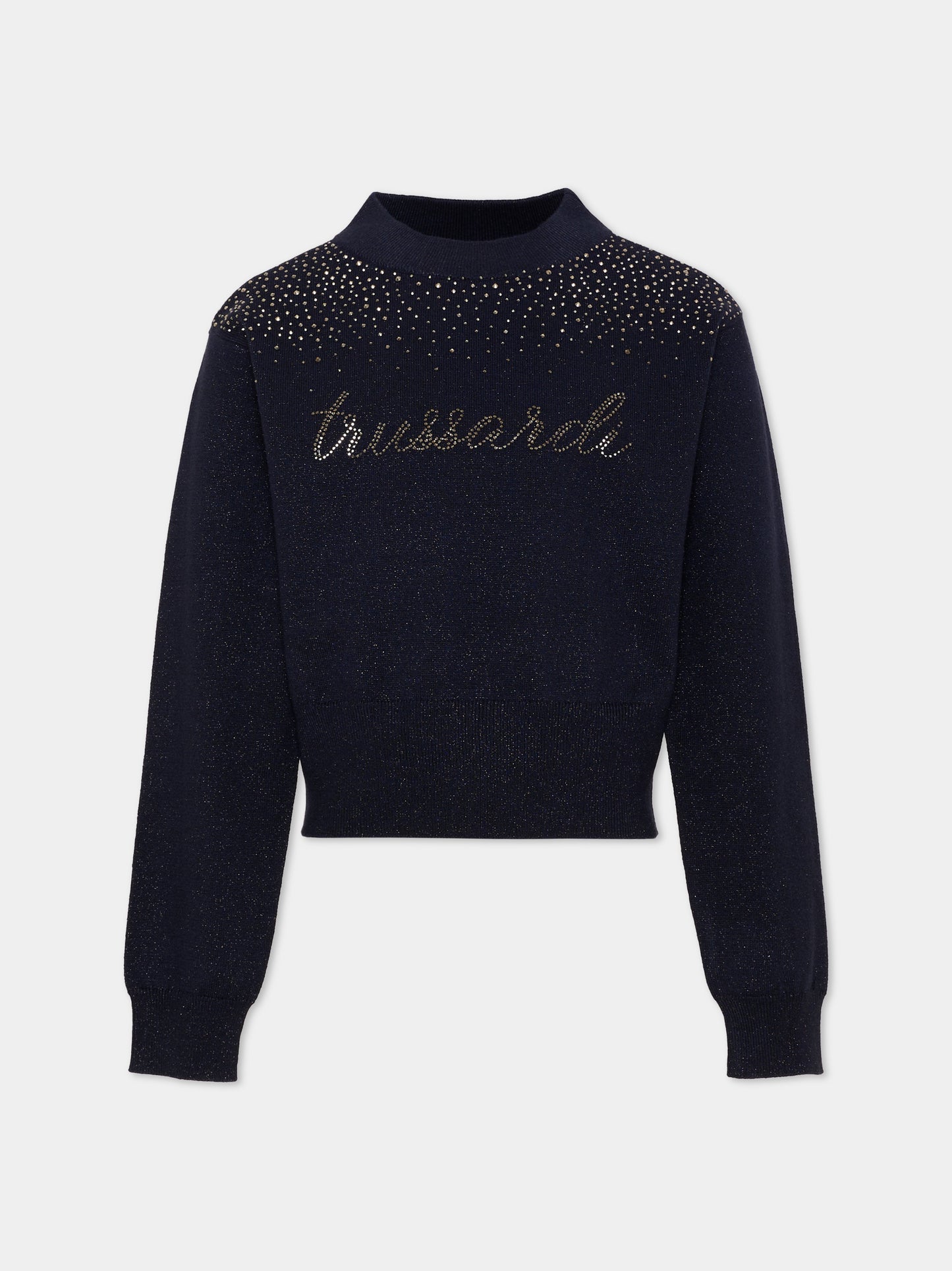 Maglione blu per bambina con strass,Trussardi Junior,TGA26020MA BLUE_NAVAL BLUE NAVAL