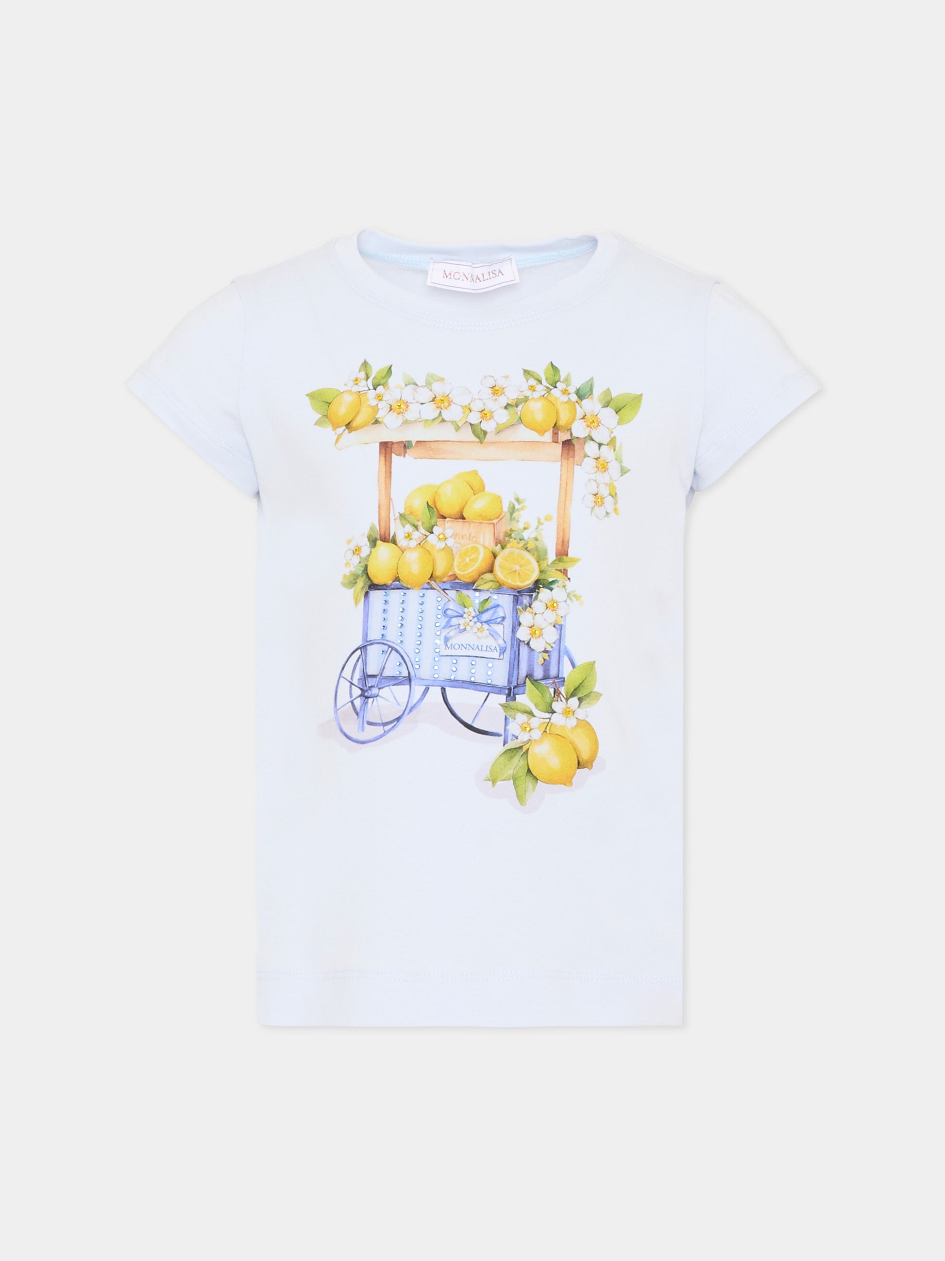 T-Shirt celeste per bambina con stampa,Monnalisa,11G624 7201 0052