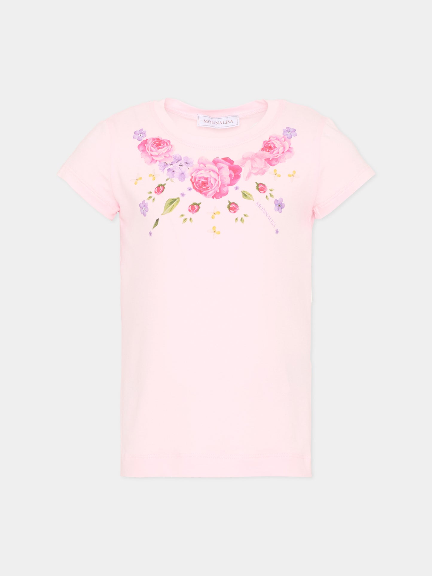 T-Shirt rosa per bambina con stampa floreale,Monnalisa,11G605 7201 0090