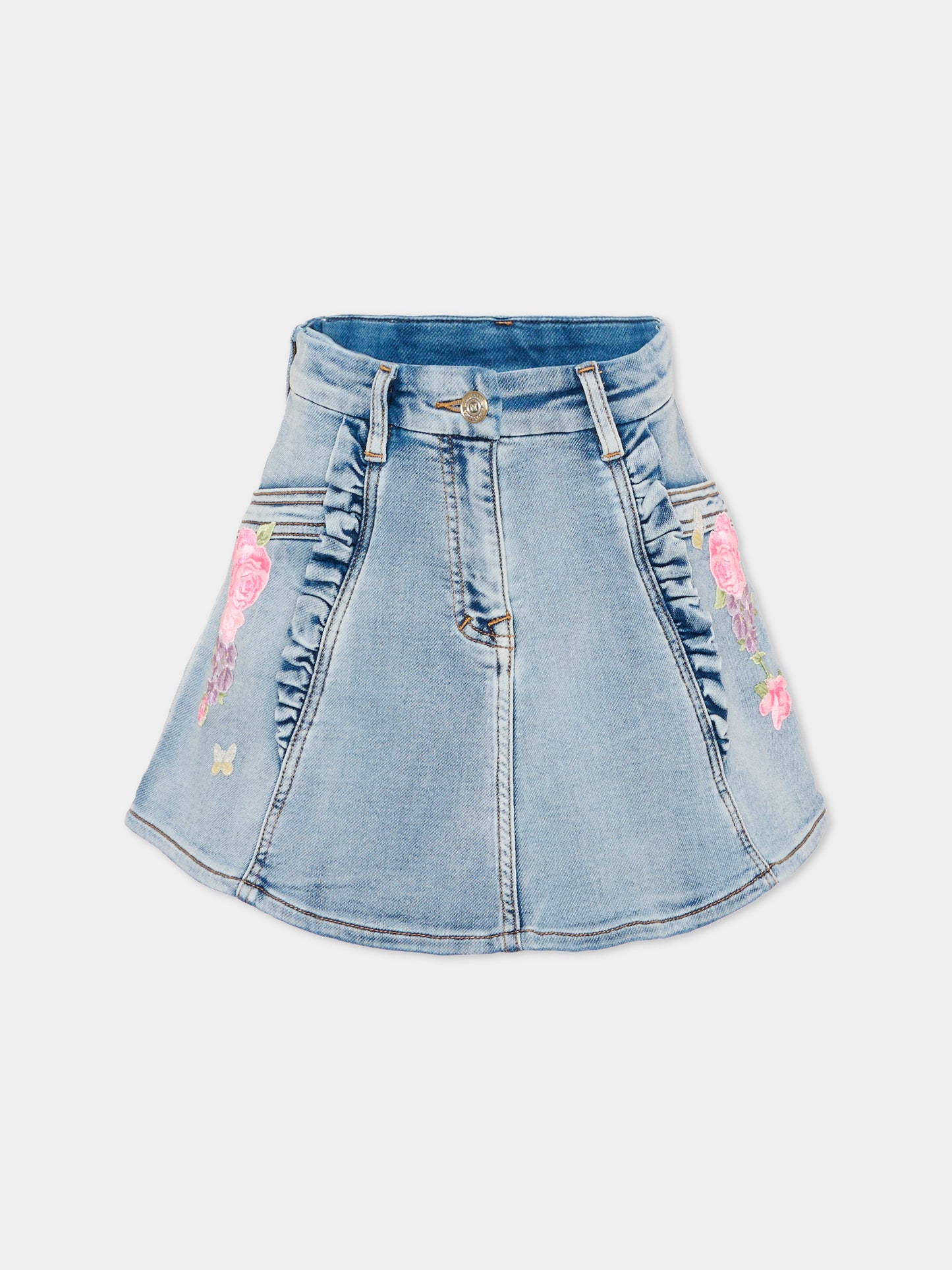 Gonna denim per bambina con ricami,Monnalisa,19G700 7015 055B