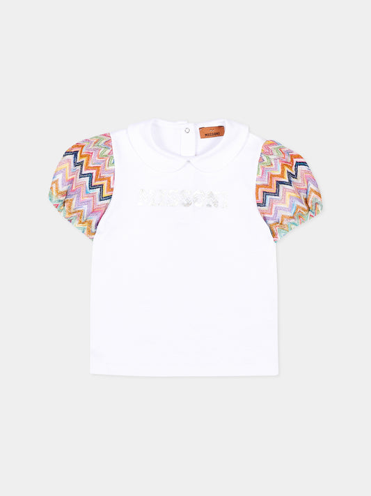 T-shirt bianca per neonata con maniche chevron,Missoni,MY8041 Z3672 100MC