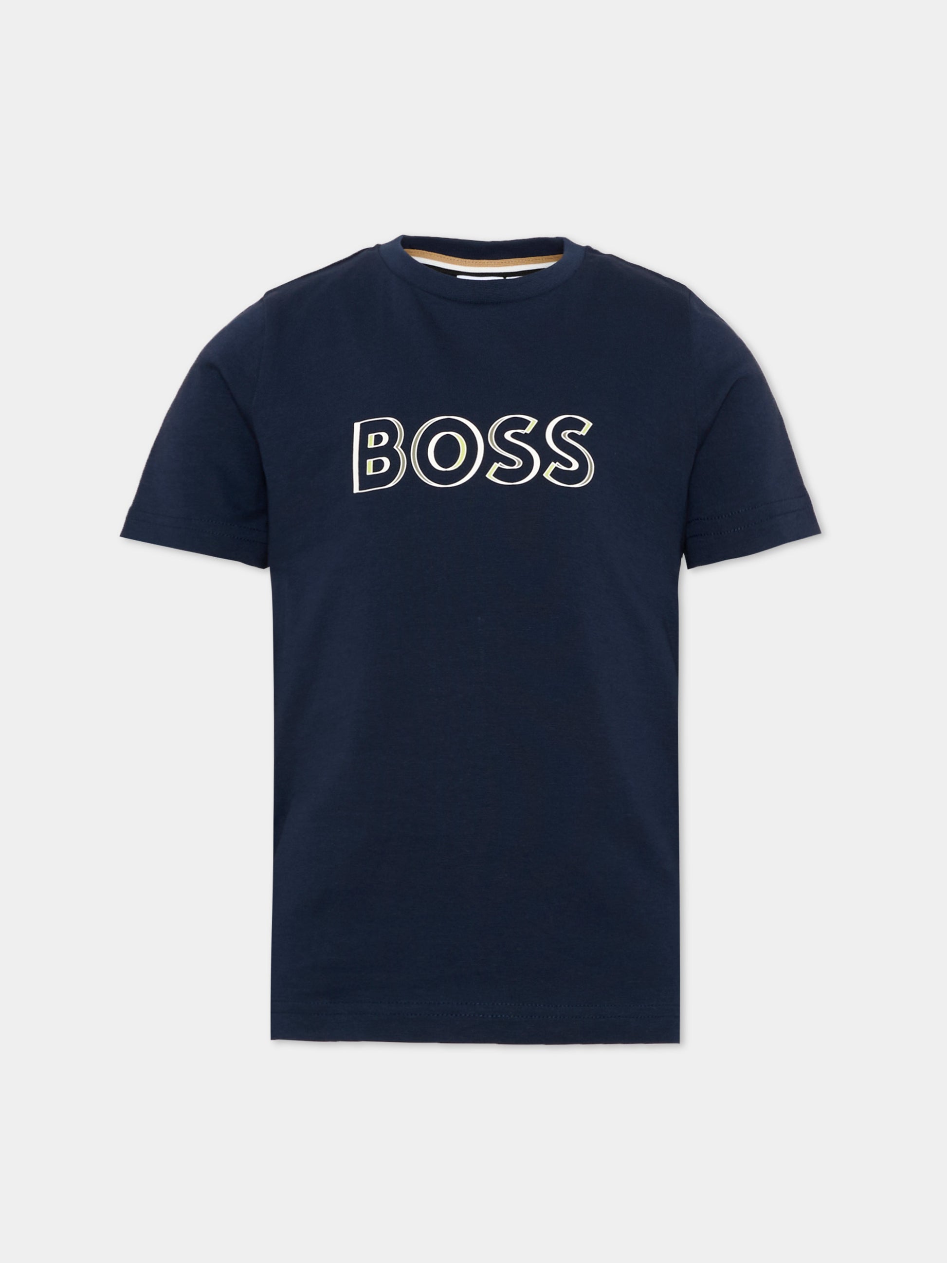 T-Shirt blu per bambino con logo,Boss,J52034 849