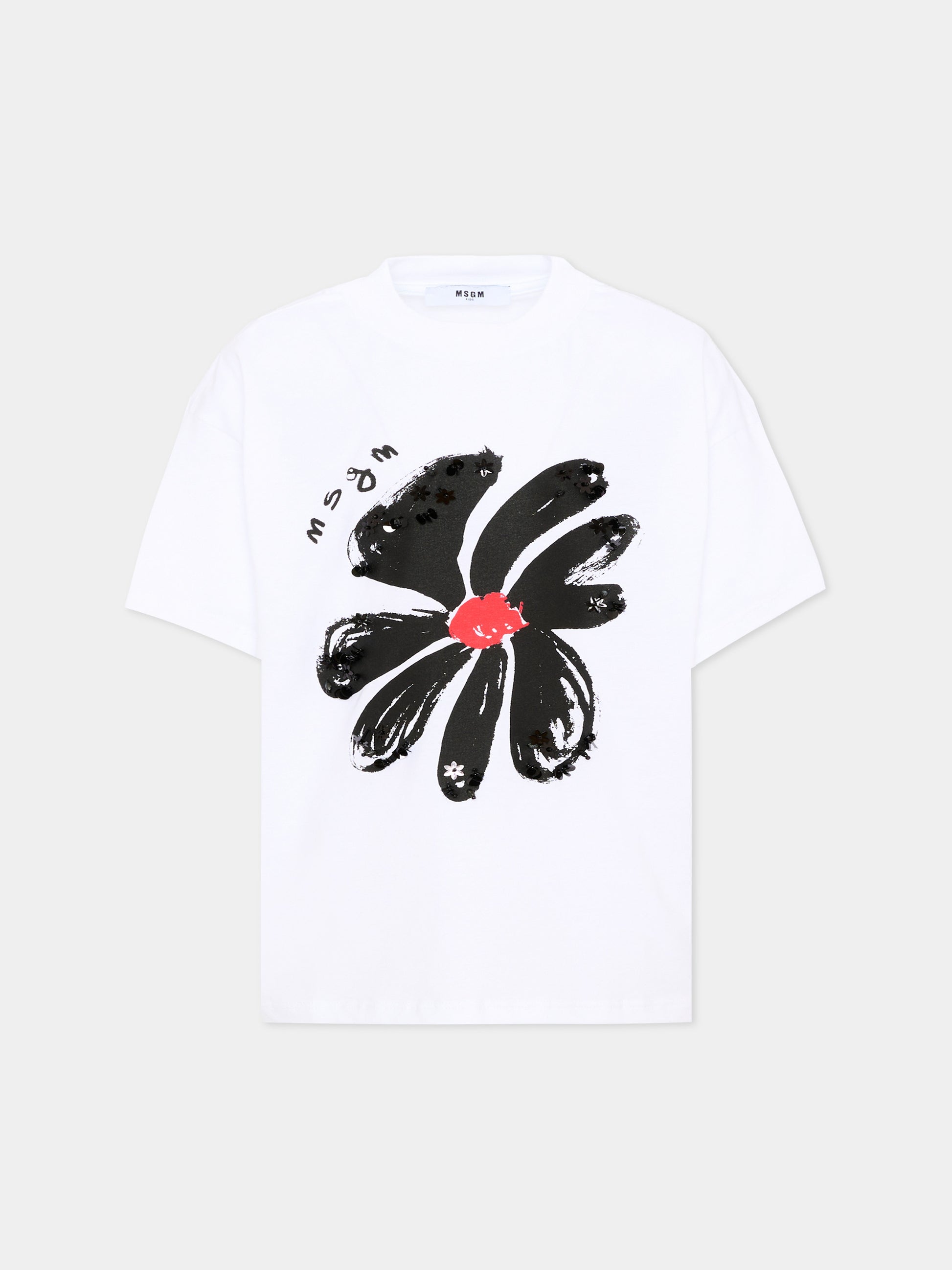 T-Shirt bianca per bambina con fiore,Msgm Kids,S6MSJGTH080 001
