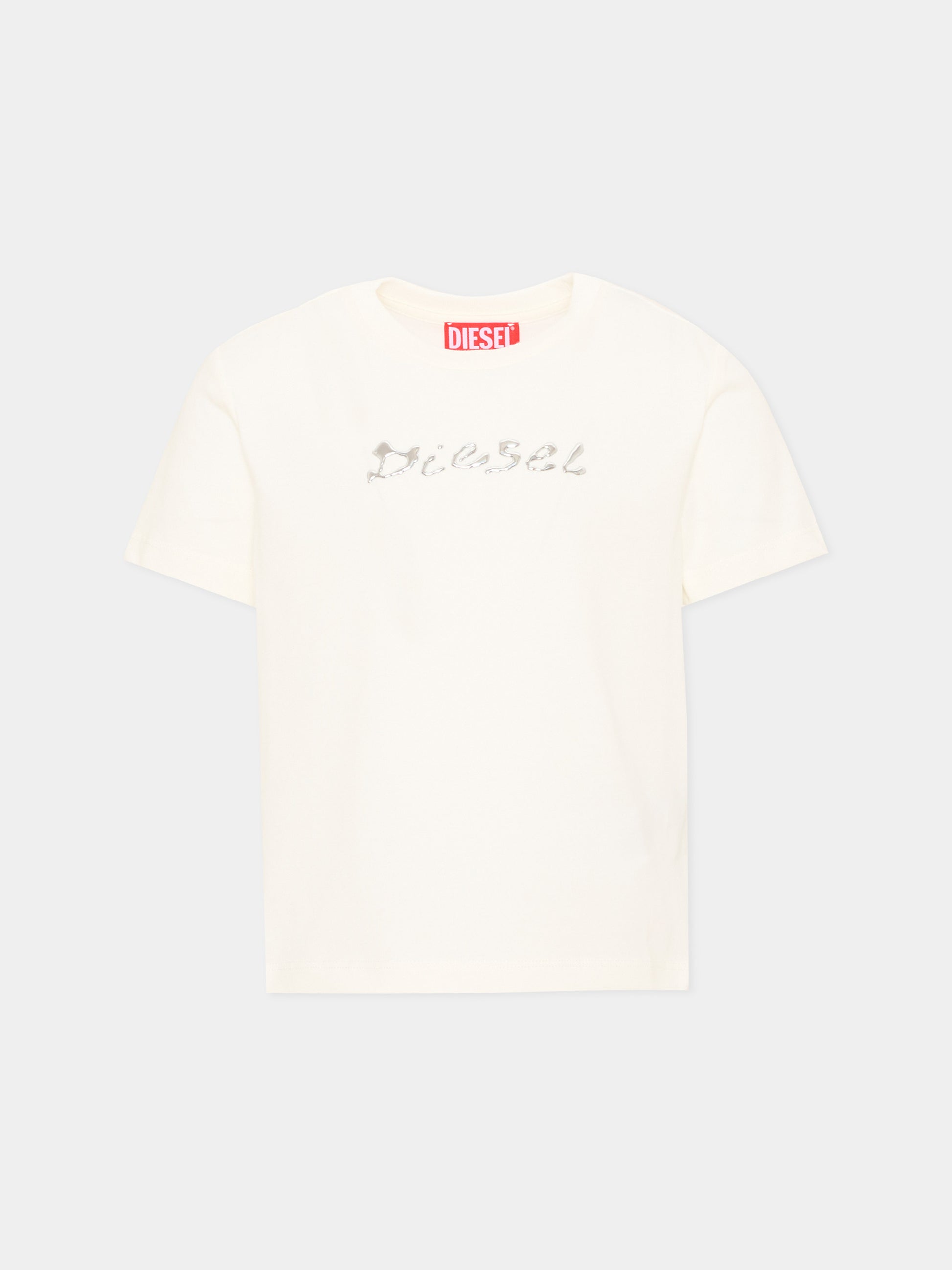 T-Shirt avorio per bambina con logo,Diesel,J02387 0GRAM K141
