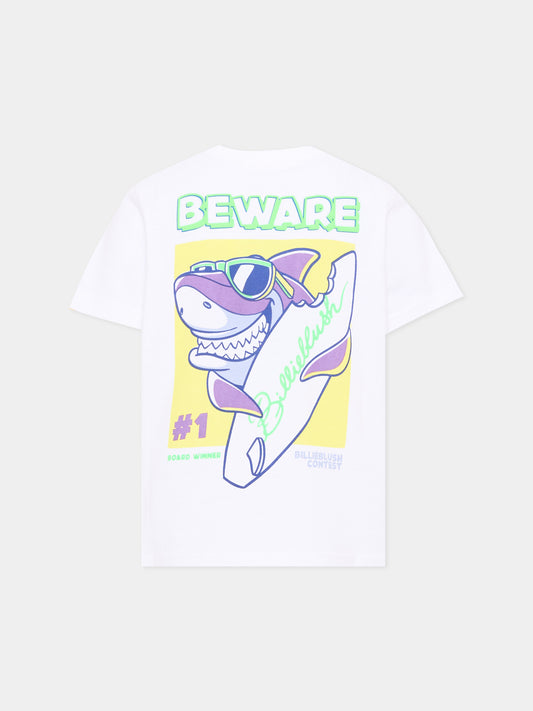 T-shirt bianca per bambina con squalo,Billieblush,U21705 10P
