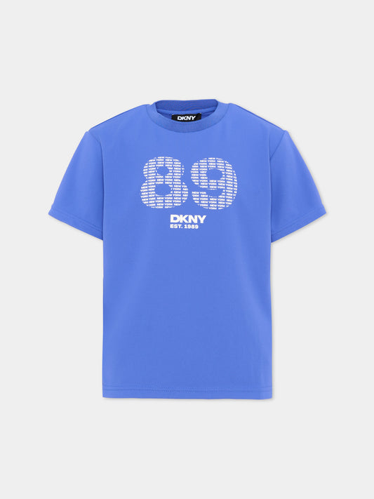 T-Shirt blu per bambino con logo,Dkny,D62540 813