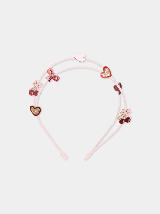Cerchietto rosa per bambina con cuori e ciliegie