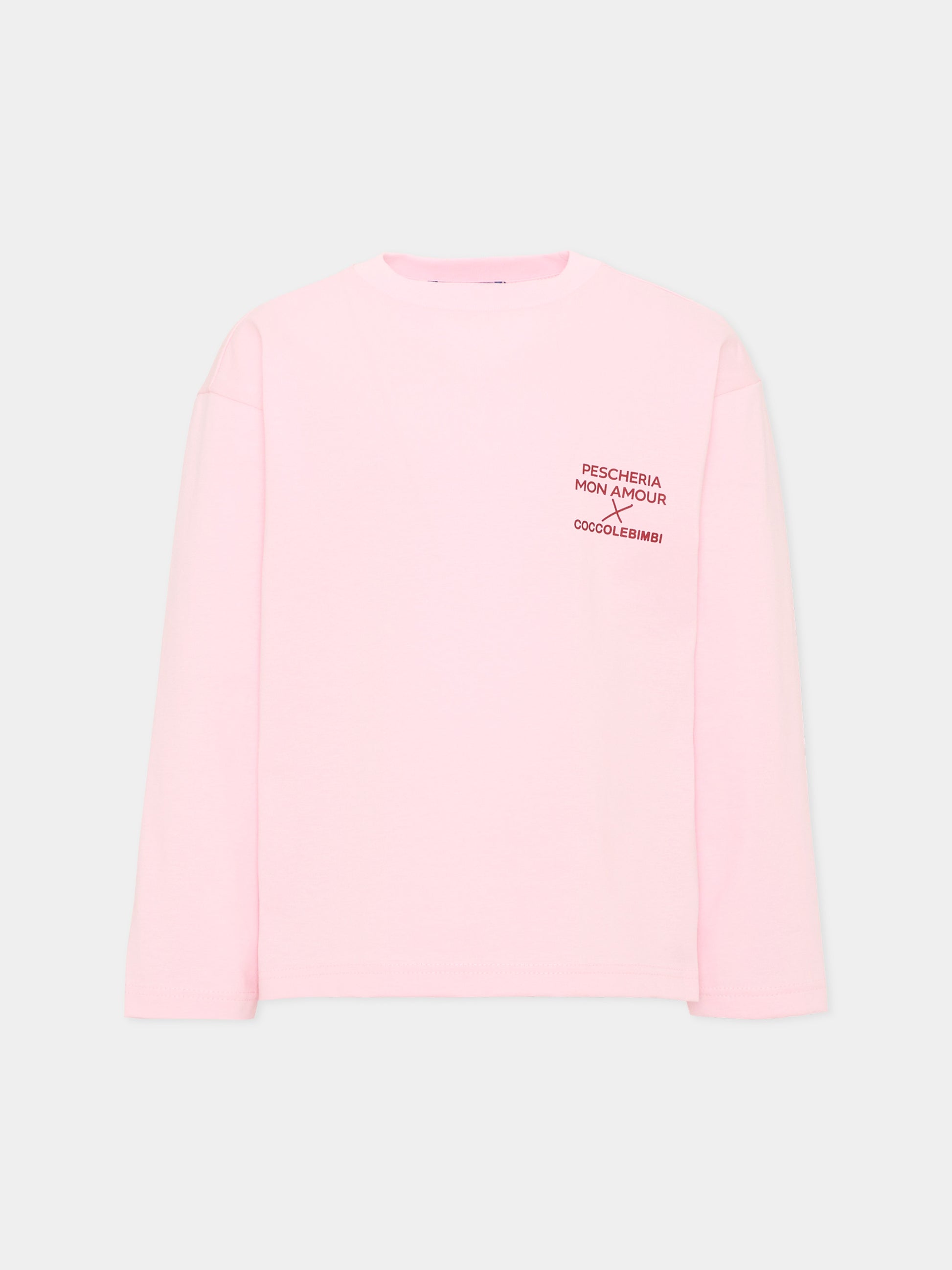 T-shirt a manica lunga rosa per bambina con frase sul retro,Pescheria Mon Amour,PMAK LS002 PNK