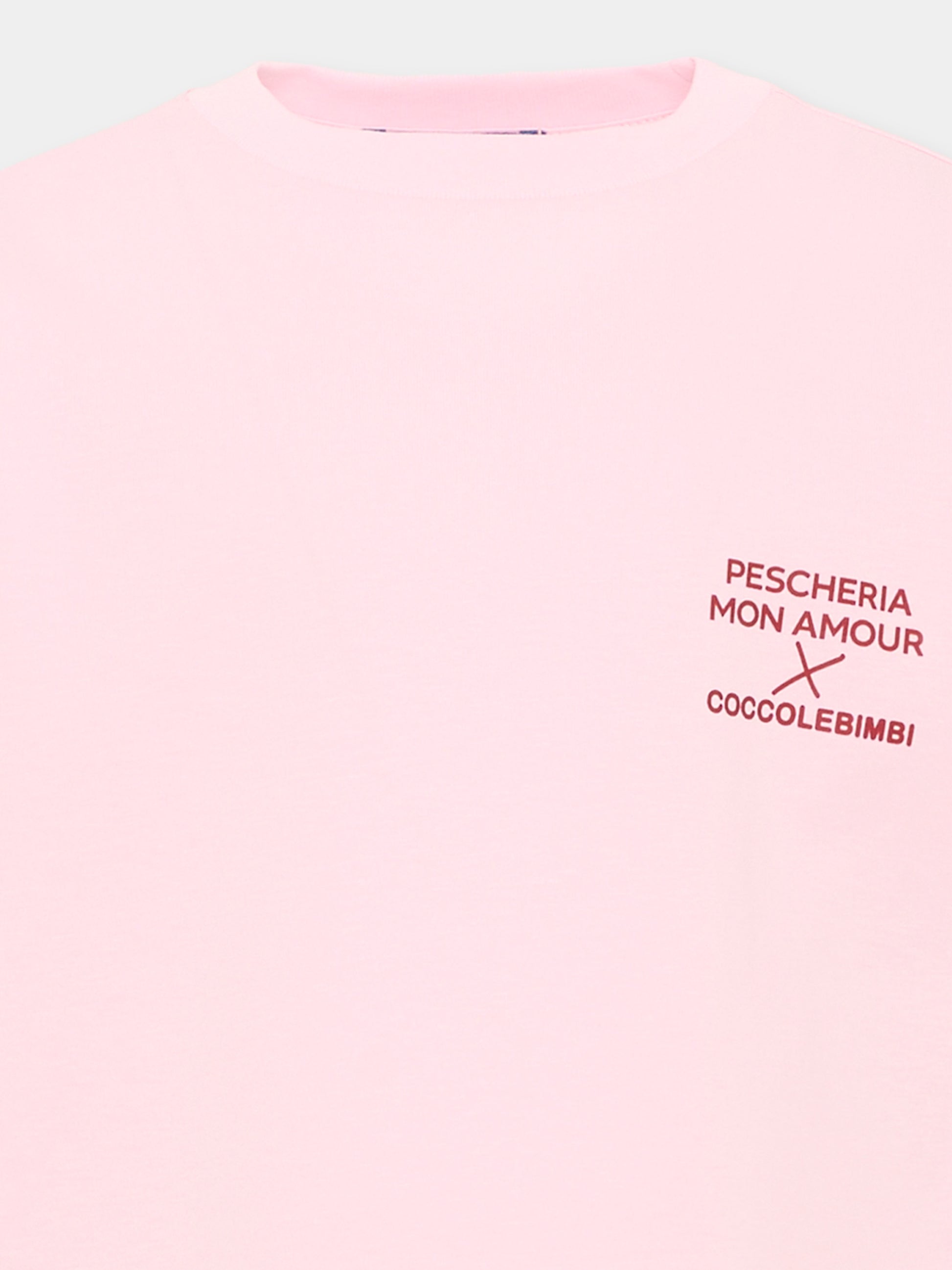 T-shirt a manica lunga rosa per bambina con frase sul retro,Pescheria Mon Amour,PMAK LS002 PNK