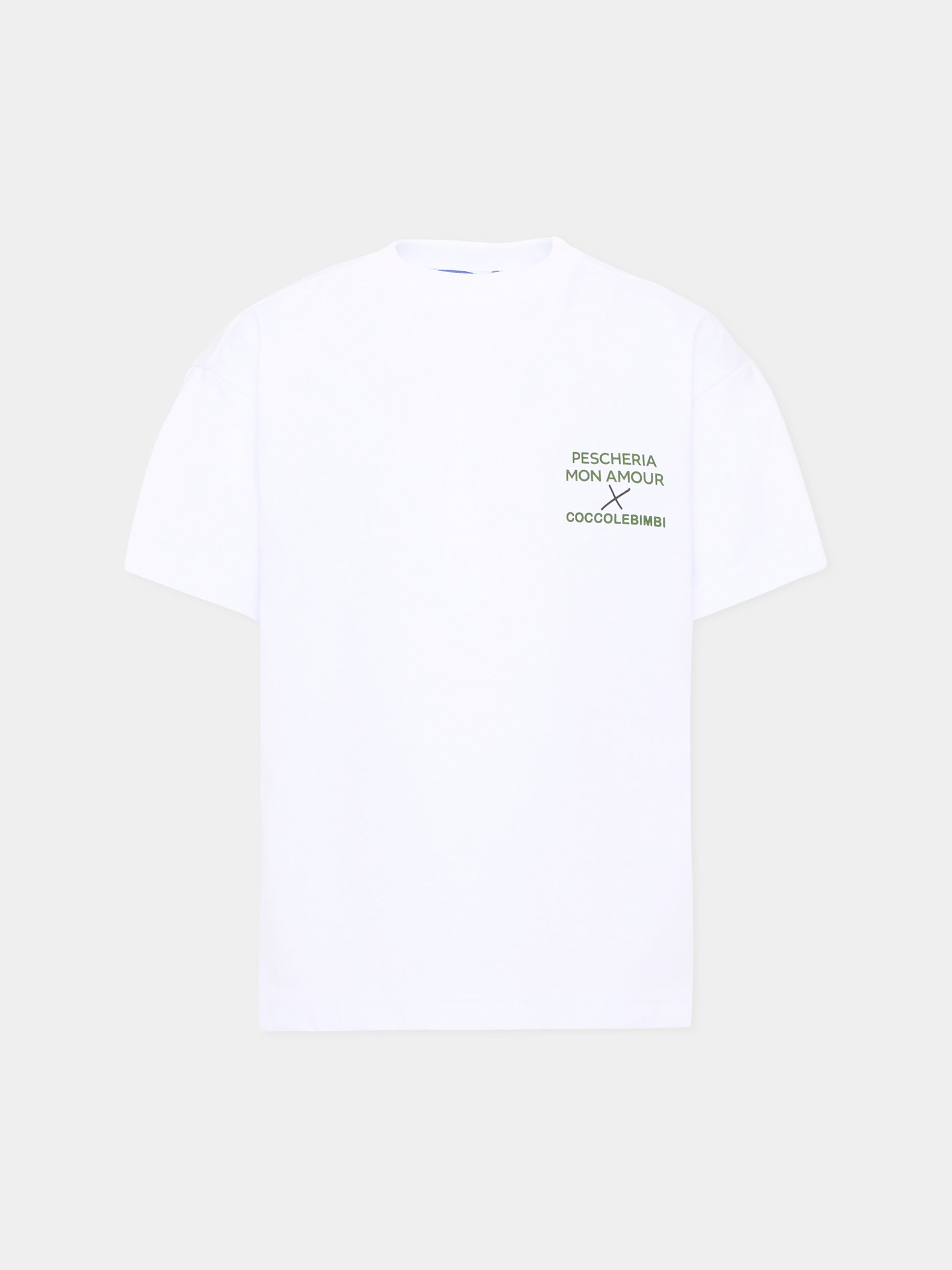 T-shirt a manica corta bianca per bambini con frase sul retro,Pescheria Mon Amour X Coccolebimbi,PMAK TS007 WHT