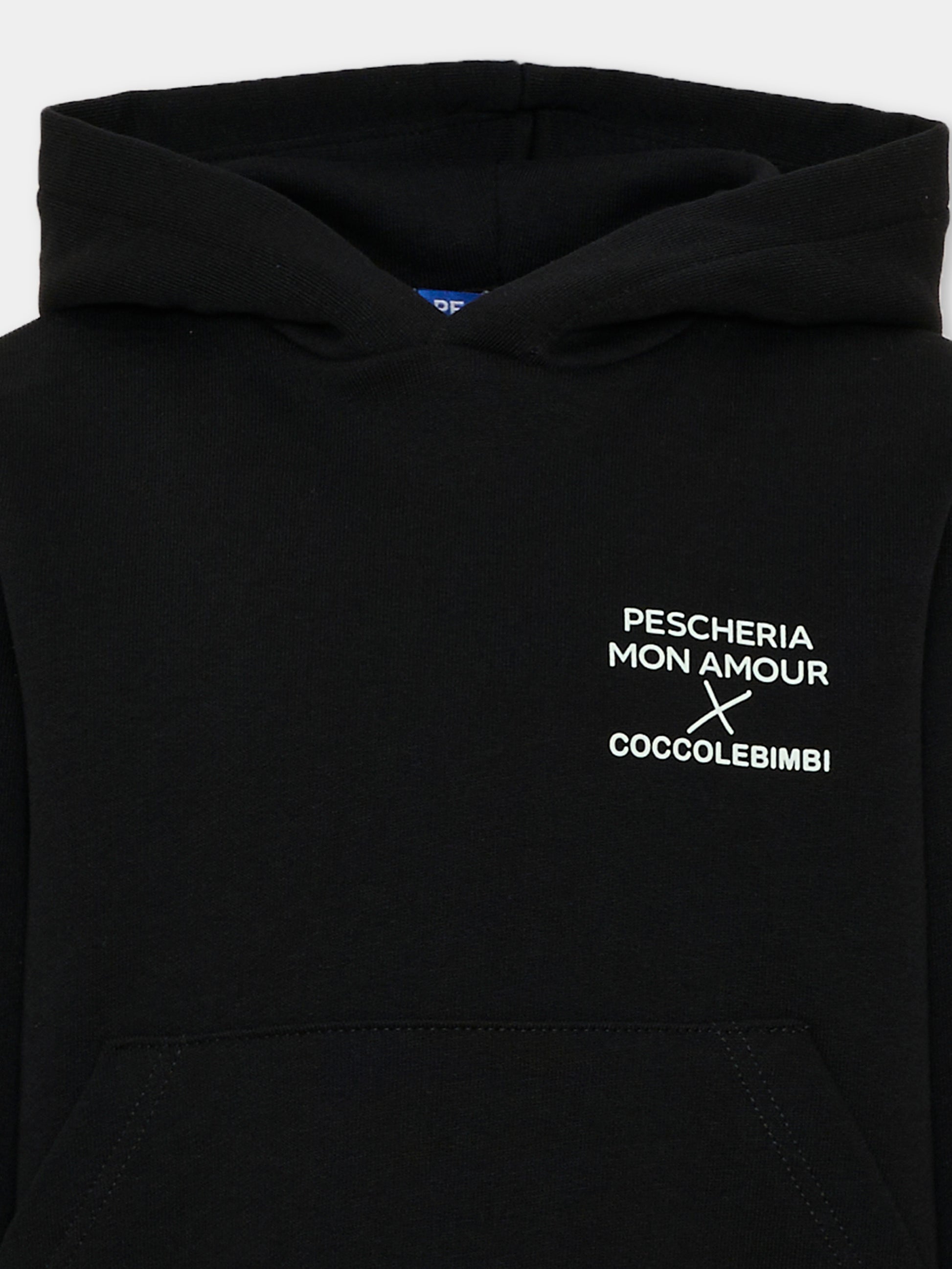 Felpa con cappuccio nera per bambini con stampa,Pescheria Mon Amour X Coccolebimbi,PMAK HD009 BLK