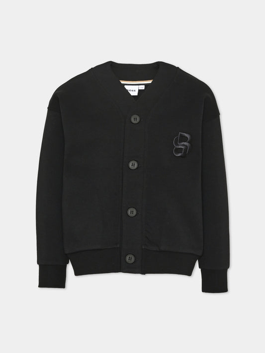 Cardigan nero per bambino con ricamo,Boss,J52350 09B